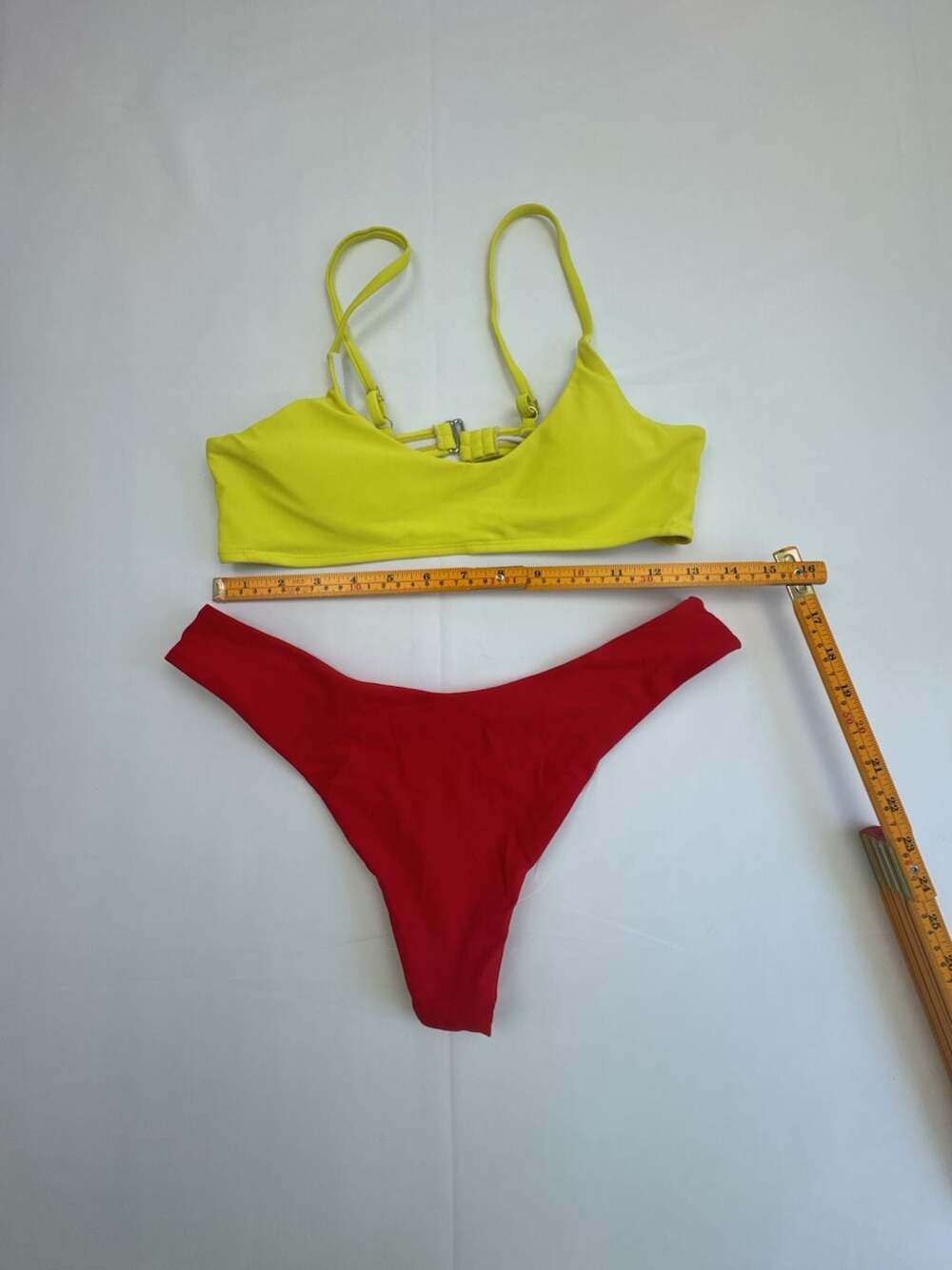 Women's Two-Piece Colorblock Bikini Set with Yellow Top and Red Thong Bottom